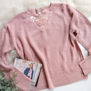 MORAL FIBER Distressed V-neck Pull-over blush rubbed knit sweater